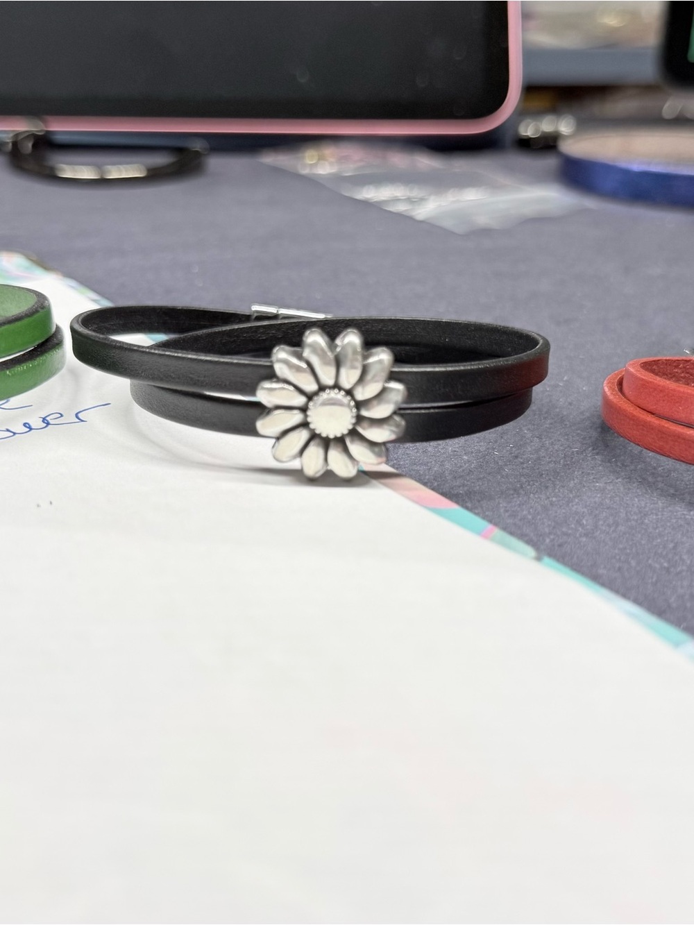 Black Leather Wrap Bracelet with Silver Daisy Accent